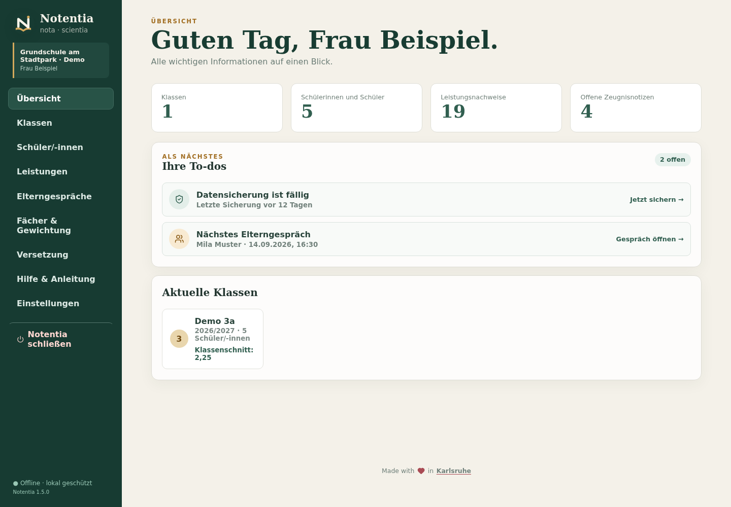 Notentia-Dashboard mit synthetischen Demodaten